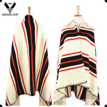 Women Wool Acrylic Blended Stripe Pattern Knitted Poncho